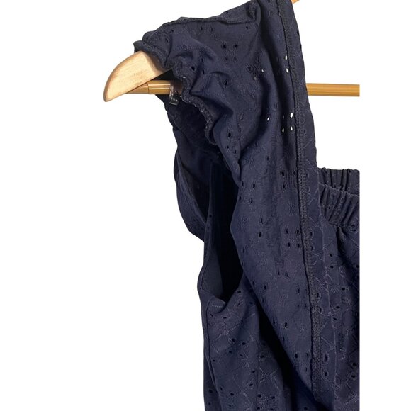 Navy Off-Shoulder Smocked Mini Dress Eyelet Design Ruffled Neckline Lace Hem  M - Picture 4 of 16